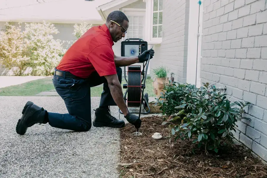 Technician performing video camera sewer inspection